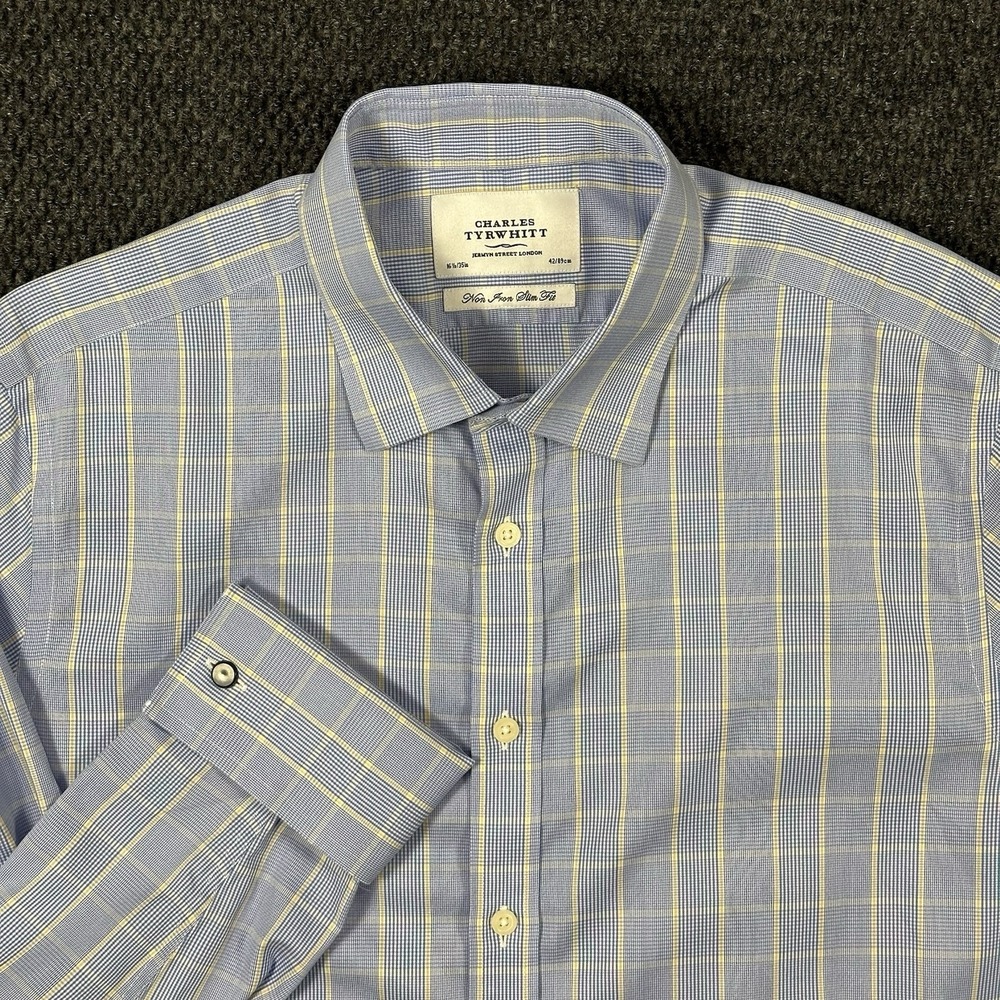 Charles Tyrwhitt Mens Dress Shirt 16.5 35 Slim Fit French Cuff Windowpane